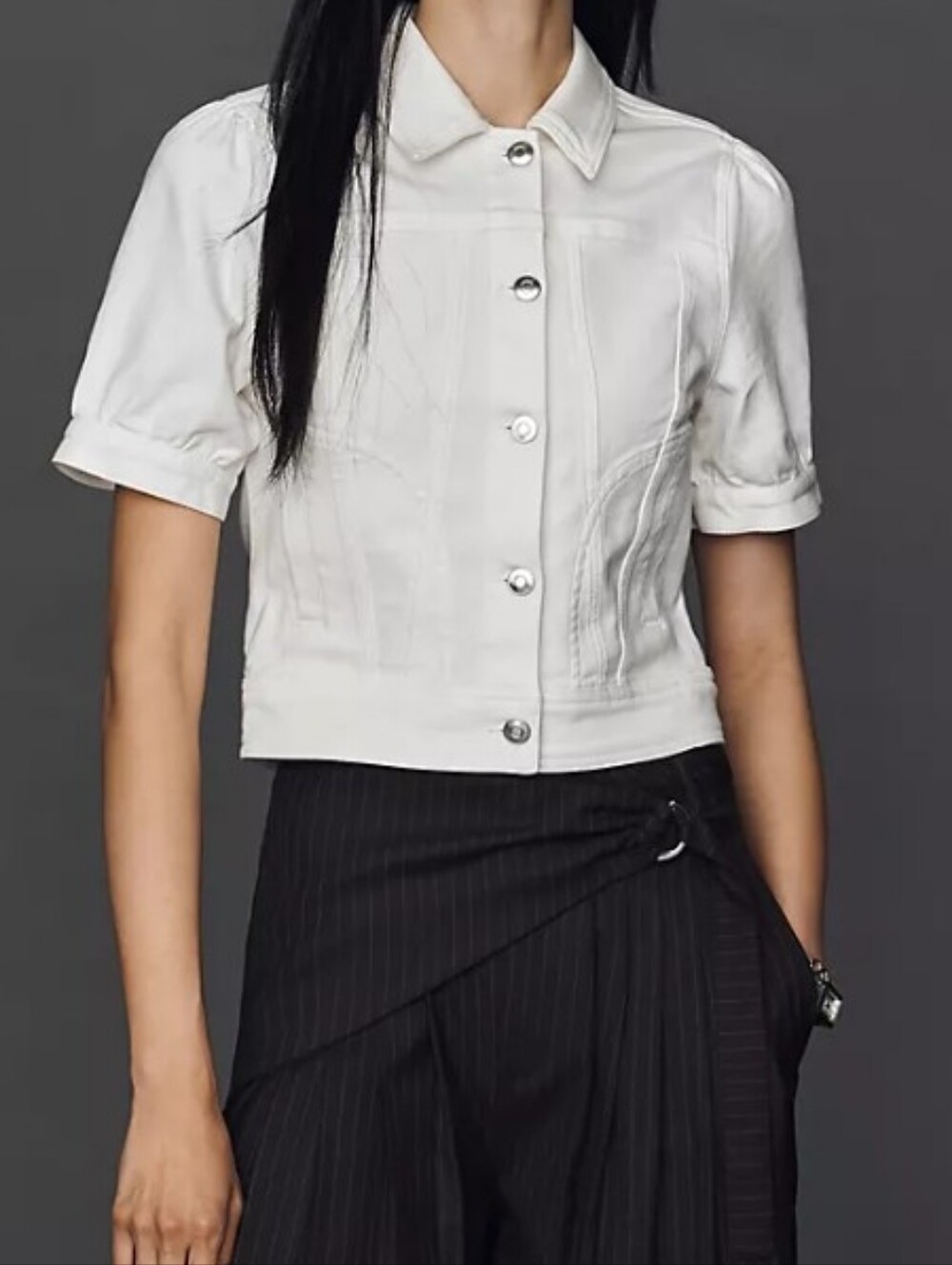 Cropped White Short-Sleeve Button-Front Puff Sleeve Denim Jacket